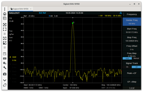 Output gemessen am Spectrum Analyzer 100MHz -30.15dBm