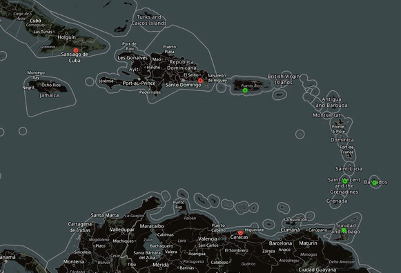 Landkarte mit den karibischen Inseln, markiert sind Orte die über Amateurfunk erreicht wurden. 